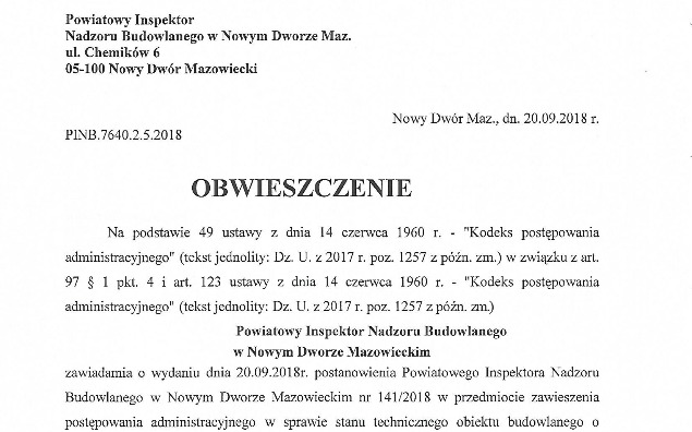 News - Obwieszczenie Powiatowego Inspektora Nadzoru Budowlanego w Nowym Dworze Mazowieckim